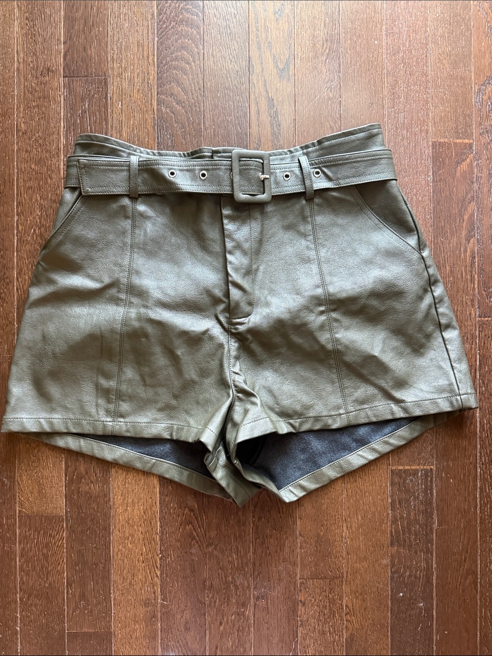 Altar'd State Olive Green High-Waist Belted Faux-Leather Shorts